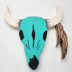Handmade Turquoise Wooden Bull‎ Skull Wall Art Southwest Western Rustic Decor